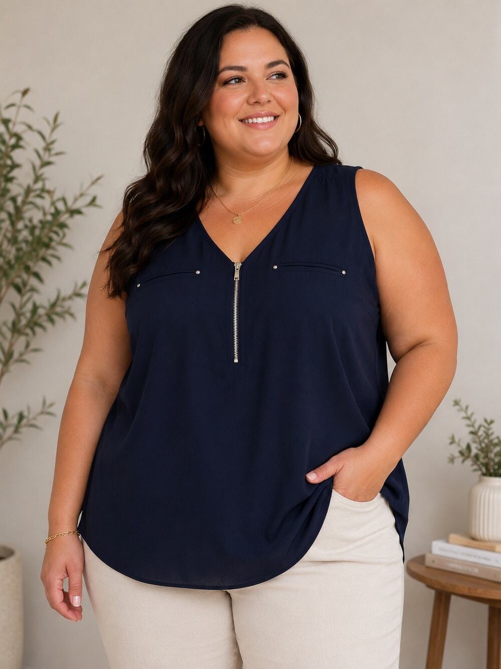 Fortune + Ivy Navy Sleeveless Zip Front Blouse Tank Top XXL Career Plus Size